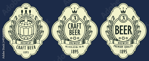 A set of three monochrome beer labels with a wooden barrel, a coat of arms, ears of wheat or barley and inscriptions. Vector label templates for craft beer in figured frames in retro style.