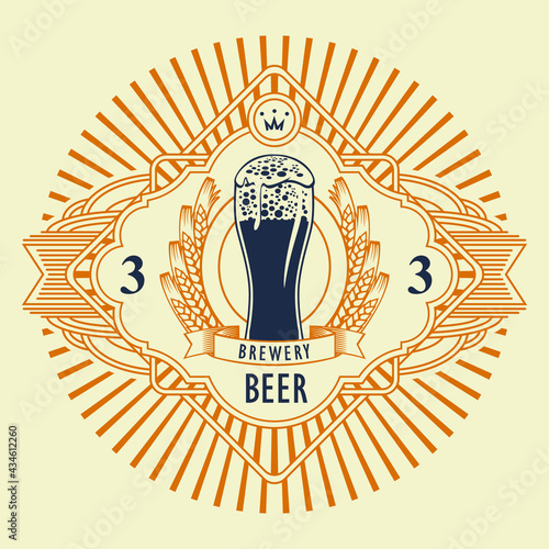 Beer label or banner with overflowing glass of frothy beer, ears of wheat and ornate frame with rays on a light background. Vector emblem, sticker, badge, tag in retro style for brewery, pub, bar