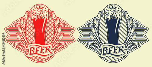 Set of red and black beer labels with overflowing glass of frothy beer, ears of wheat in ornate frames in retro style on a light background. Vector sticker, emblem, badge or tag for brewery, pub, bar