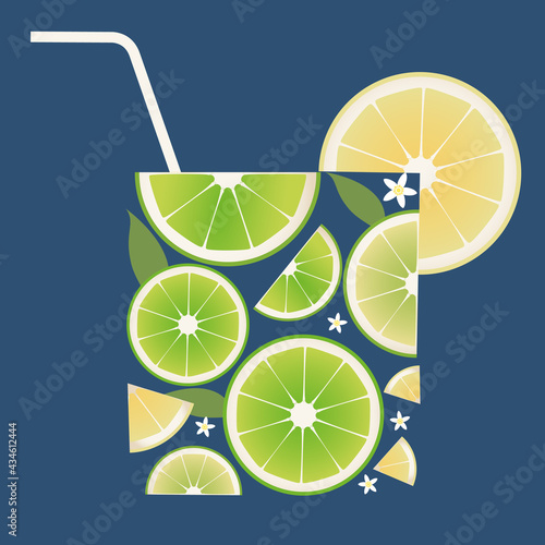 Glass of citrus juice or cocktail made up of lime wedges, lemon, flowers and leaves