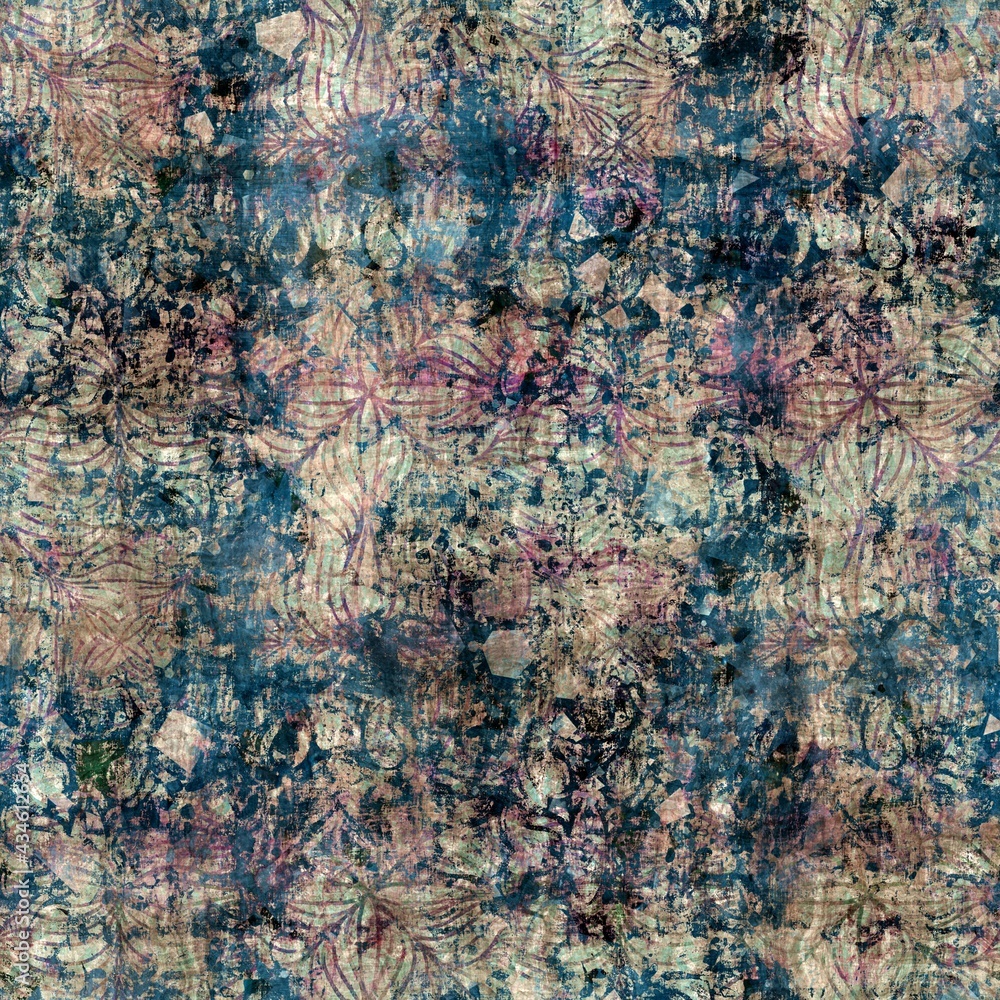 Obraz premium Seamless elegant mixed media pattern in navy, blue, pink, and cream. High quality illustration. Ornate and highly detailed and textured realistic faux collage. Sophisticated intense textile design.