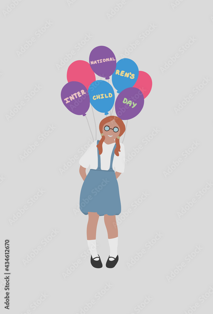 Happy children's day. International children's day. Girl standing with a bunch of balloons. Schoolgirl and helium balloons. Happy children's day. International children's day. Girl standing with a bunch of balloons. Schoolgirl and helium balloons.