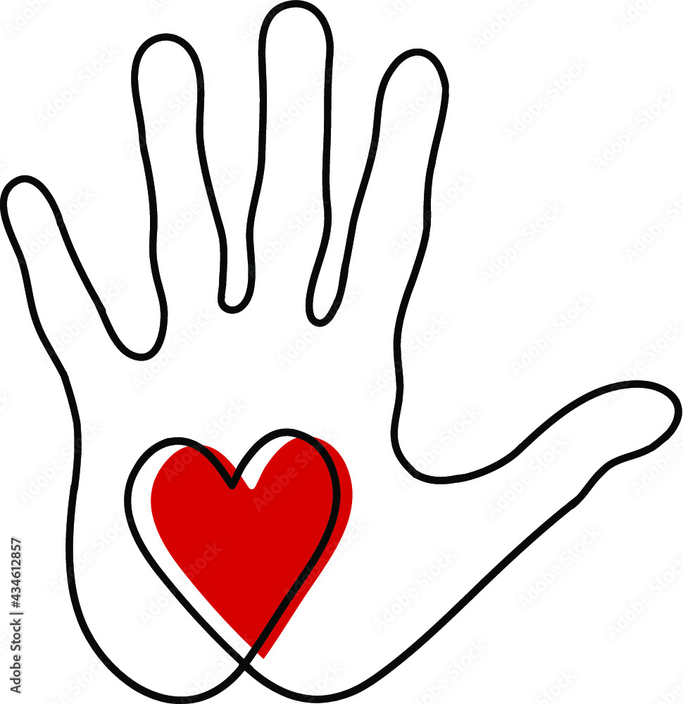 Obraz premium Heart in the palm of your hand linear outline with a red heart template for Valentine's day.
