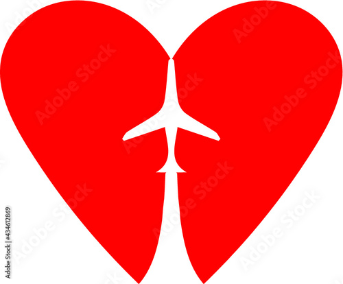 Plane in the heart. Illustration airplane symbol in shape heart on white background