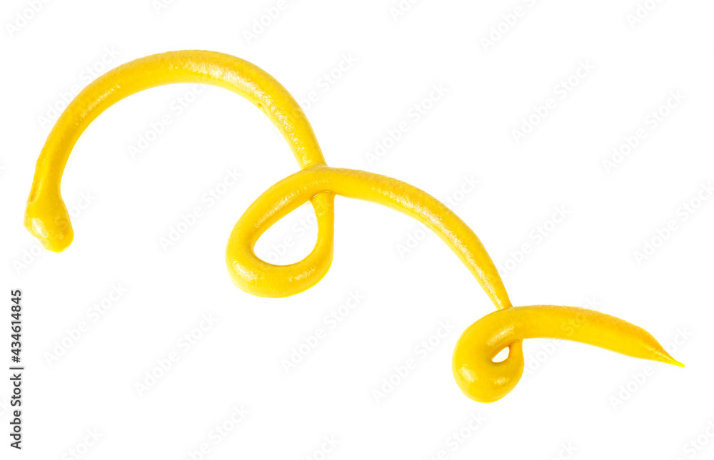 Yellow mustard sauce isolated on a white background. Spilled spicy mustard sauce. Yellow mustard sauce isolated on a white background. Spilled spicy mustard sauce.