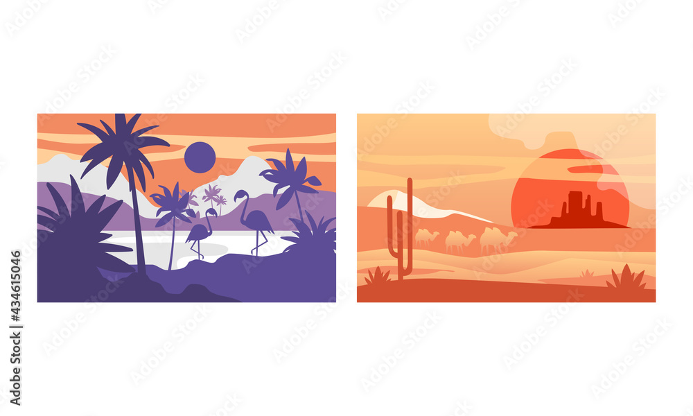 Beautiful Natural Landscape Set, Tropical Scenery with Flamingo and Camels Wild Inhabitants Exotic Savanna Inhabitants, African National Park Vector Illustration