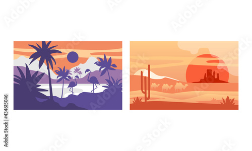 Beautiful Natural Landscape Set, Tropical Scenery with Flamingo and Camels Wild Inhabitants Exotic Savanna Inhabitants, African National Park Vector Illustration