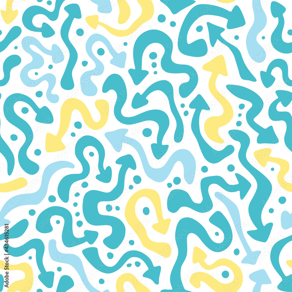 Vector blue doodle repeat pattern of arrows. Hand drawn textures. For fabric, wallpaper, scrapbooking, card, invitations or wrapping.