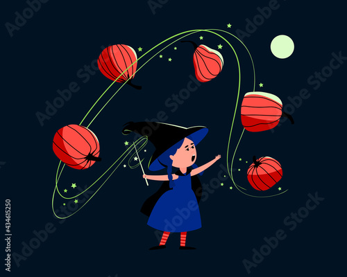 Little cute witch conjures over pumpkins with a magic wand. The girl is wearing a Halloween costume, hat and cloak. Halloween card. Flat vector illustration.