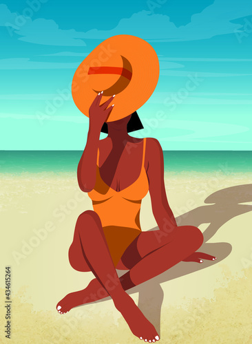 Digital illustration of a girl in a yellow bikini in summer on vacation sunbathes and swims on the beach of Bali island