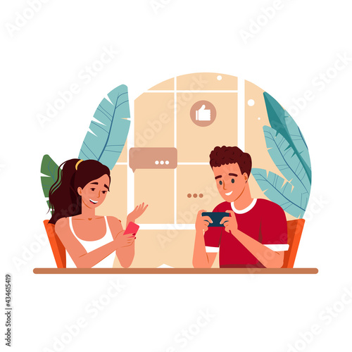 Happy couple chatting online and looking at smartphone. People using mobile phones at home during resting or working. Men and women with digital addiction. Flat vector illustration isolated on white.