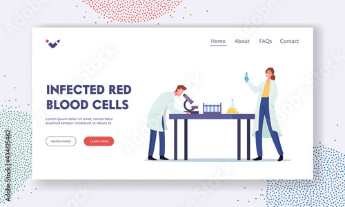 Infected Red Blood Cells Landing Page Template. Scientists Research in Laboratory, Man Look in Microscope, Chemistry