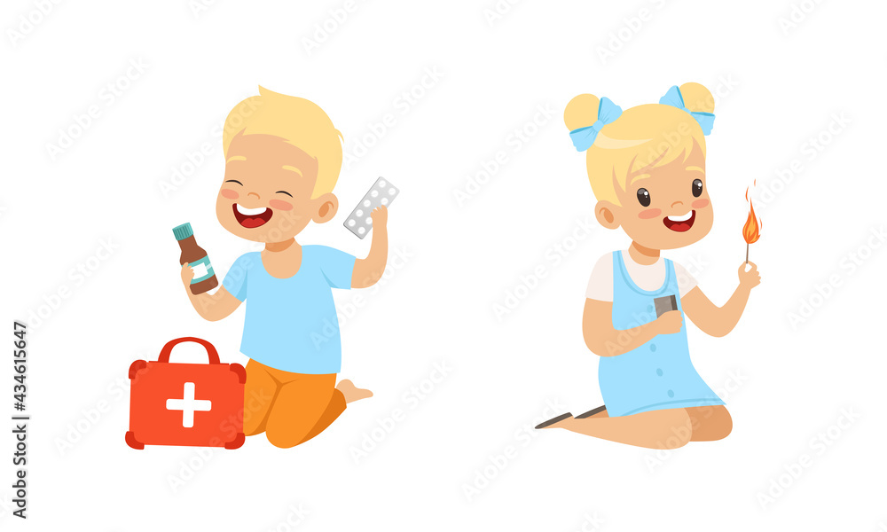 Kids in Dangerous Situations Set, Little Boy Playing with Medicines, Girl Playing with Matches Cartoon Vector Illustration