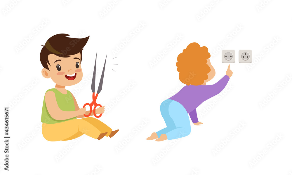 Kids in Dangerous Situations Set, Boy Playing Scissors, Toddler Baby Touching Electrical Socket Cartoon Vector Illustration Kids in Dangerous Situations Set, Boy Playing Scissors, Toddler Baby Touching Electrical Socket Cartoon Vector Illustration