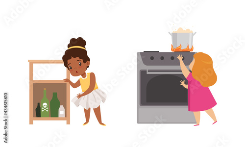 Kids in Dangerous Situations Set, Girl Reaching for Hazardous Substances and Hot Saucepan Cartoon Vector Illustration