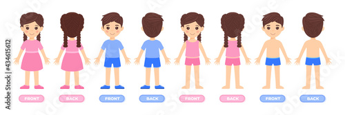 Girl and Boy. Front and Back views. Children in clothes, Swimsuit and Underwear. Template for Education, Game, Children. Medical Design. Flat cartoon color style. White background. Vector.