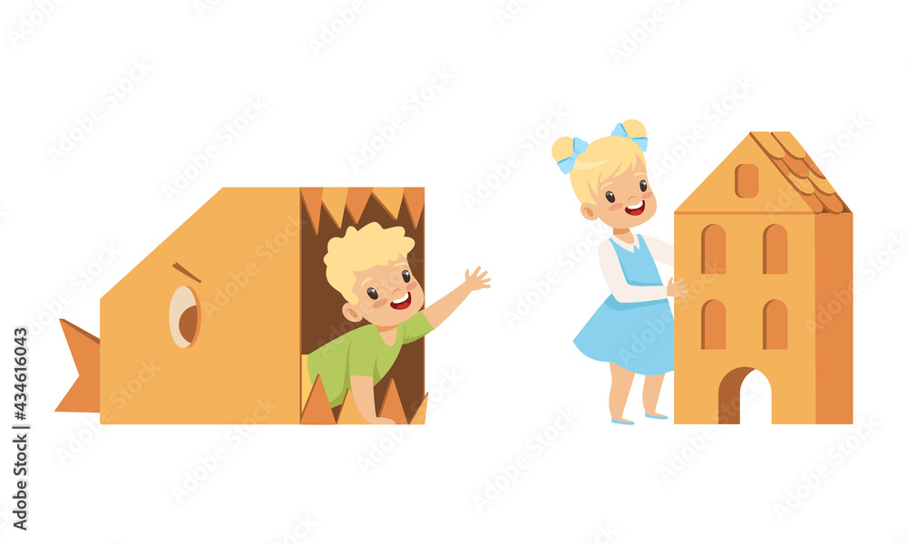 Cute Little Kids Playing Cardboard Boxes Set, Lovely Children Playing inside Roothy Fish and House Cartoon Vector Illustration Cute Little Kids Playing Cardboard Boxes Set, Lovely Children Playing inside Roothy Fish and House Cartoon Vector Illustration