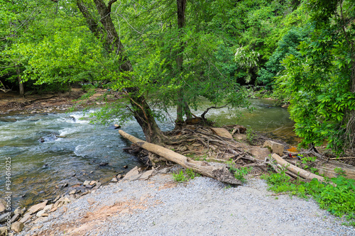 a stunning shot of the rushing river water of Big Creek river with lush green trees and large rocks on the banks and in the middle of the river at Vickery Creek in Roswell Georgia photo