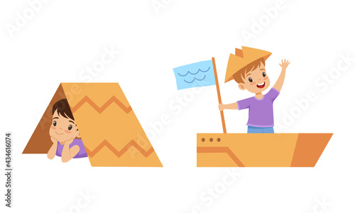 Cute Little Kids Playing Cardboard Boxes Set, Little Boys Playing Boat and Tent Made of Cardboard Box Cartoon Vector Illustration