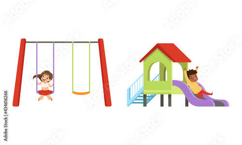 Kids Having Fun on Playground Set, Little Children Swinging on Swing and Sliding Down Slide Cartoon Vector Illustration
