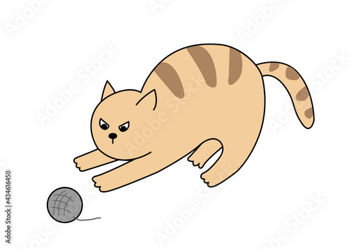 Funny cartoon cat. Striped, orange pet. Krtik is playing with a ball.