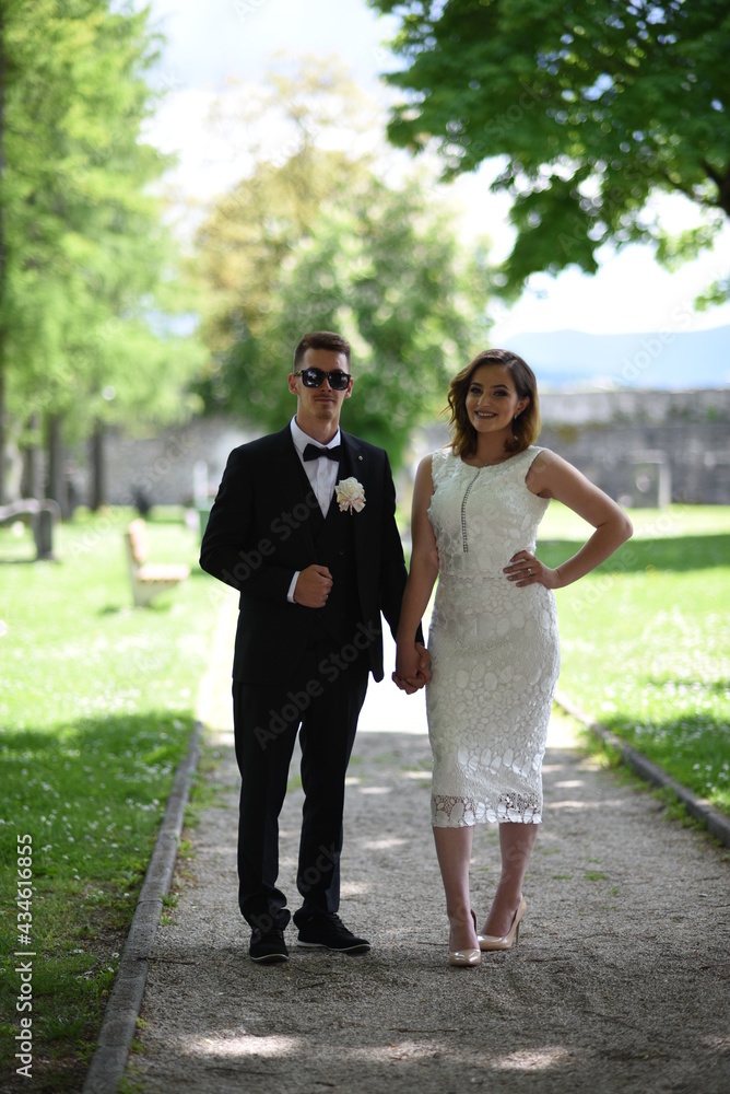 Luxury married wedding couple, bride and groom posing in old city Luxury married wedding couple, bride and groom posing in old city