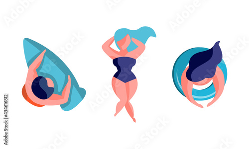 Top View of People Floating on Inflatable Mattresses and Sunbathing Set, Men and Women in Swimsuits Relaxing on Summer Vacation Cartoon Vector Illustration