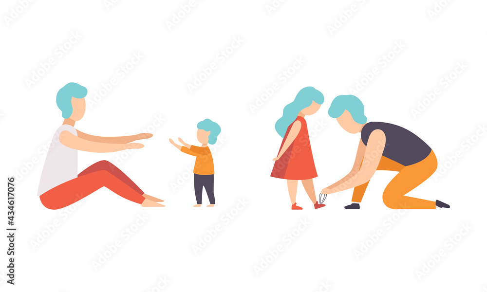 Dads Taking Care of their Children Set, Father Helping Daughter Tie Shoelaces, Baby Toddler Taking First Steps to his Daddy Flat Vector Illustration Dads Taking Care of their Children Set, Father Helping Daughter Tie Shoelaces, Baby Toddler Taking First Steps to his Daddy Flat Vector Illustration