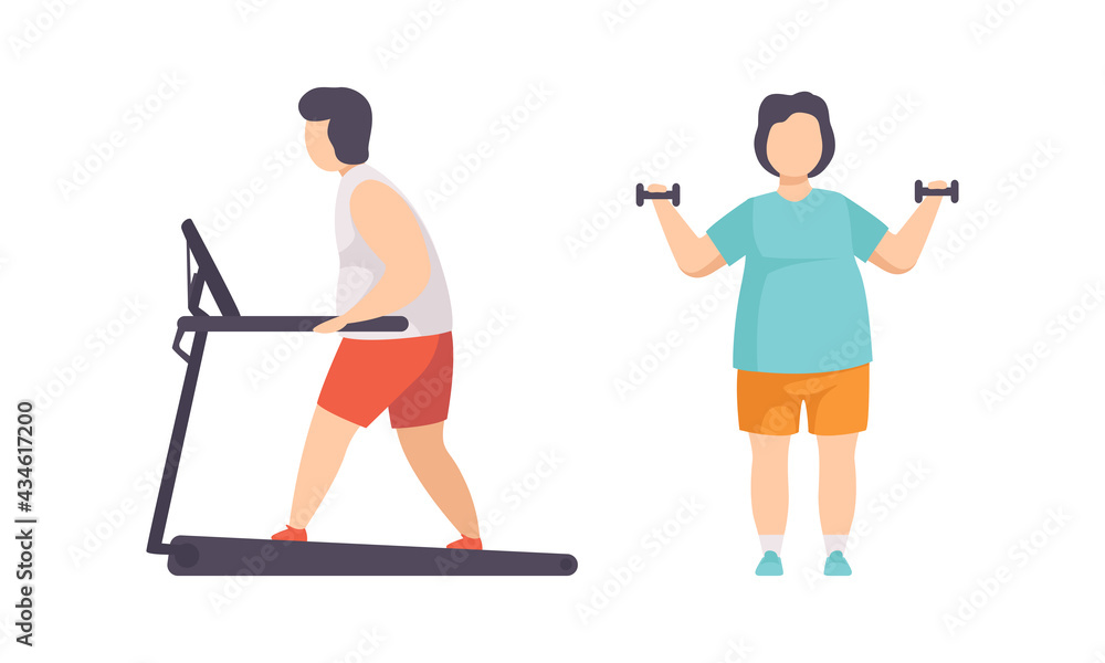 Overweight People Doing Sports Set, Fat persons Walking on Treadmill, Exercising with Dumbbells, Weight Loss Program Concept Flat Vector Illustration