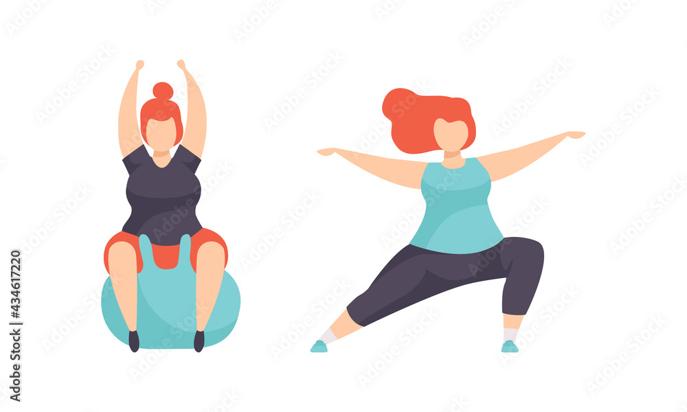 Overweight People Doing Sports Set, Plump Girls Doing Yoga, Exercising on Fitbitball, Weight Loss Program Concept Flat Vector Illustration