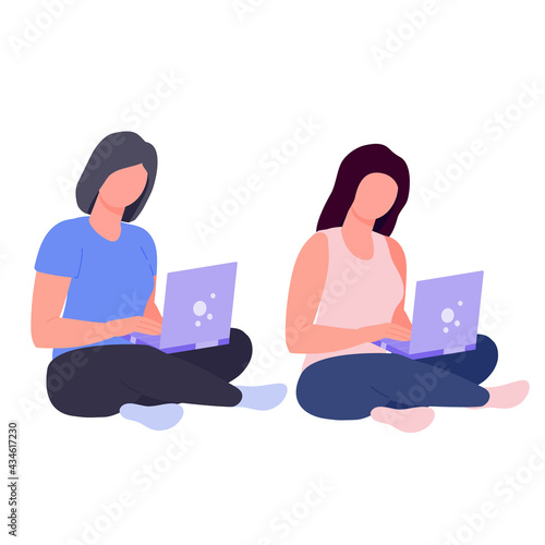 woman freelancer with computer. girl sitting with a laptop. distant work. work from home during a pandemic. stock vector illustration with man on white background