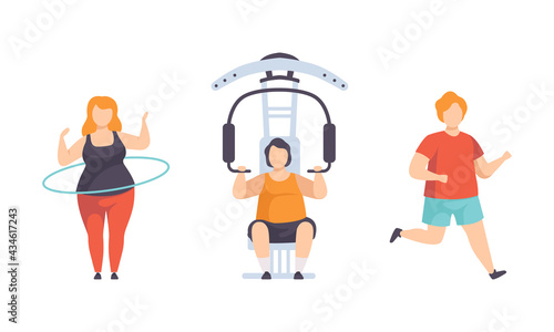 Overweight People Doing Sports Set, Fat Man and Woman Flexing Muscles on Trainer Gym Machine, Running, Spinning Hula Hoop Flat Vector Illustration