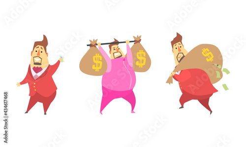 Funny Rich Millionaire Set, Fat Businessman Character Carrying Money Sacks Cartoon Vector Illustration