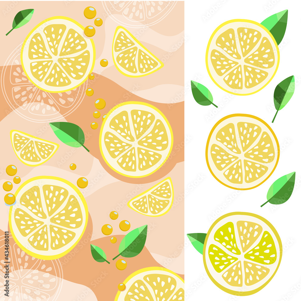 Seamless bright light pattern with fresh lemons for fabric, label pattern, T-shirt print, kids room wallpaper, fruit background. Pieces of lemon doodle style fun background.