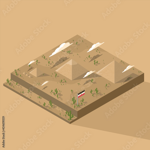 Giza pyramid complex includes the Pyramid of Khufu, Khafre, Menkaure. Isometric vector illustration.