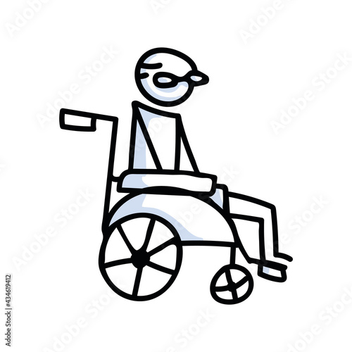 Drawn stick figure of senior old man in wheelchair. Elderly grandfather illustrated vector sketchnote.