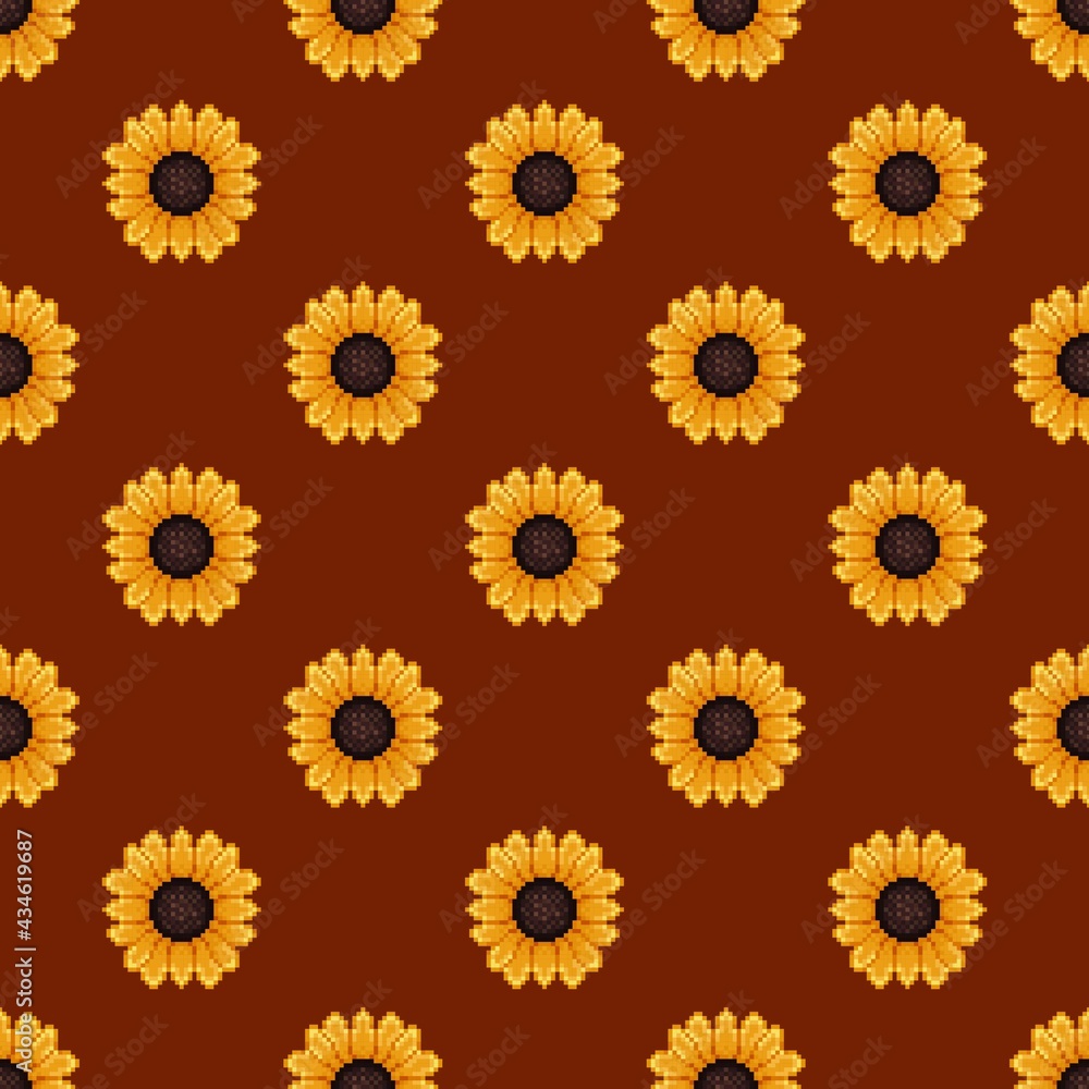 Sunflower pattern pixel art. Seamless pattern. Pixel art Sunflower pattern.