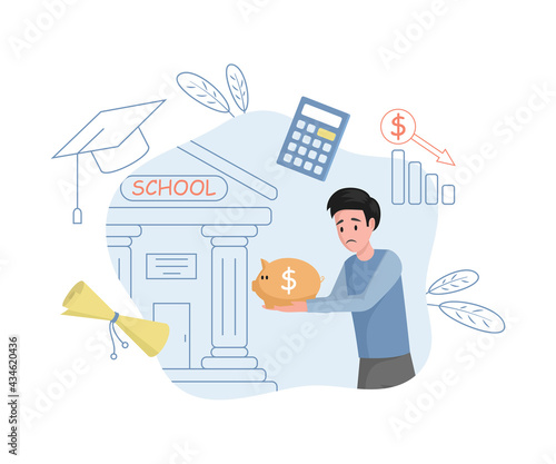 Young upset man carrying savings to school vector flat illustration. Male character paying for education. Investment in education, tuition fees, student grant concept. Money for college.