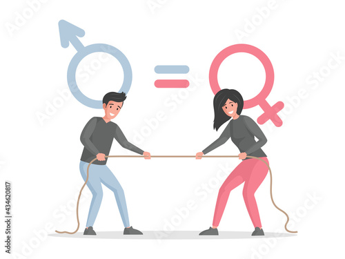 Male and female characters pulling rope against each other vector flat illustration. Man versus woman, tug of gender war competition, battle of sexes, or wage equality concept.