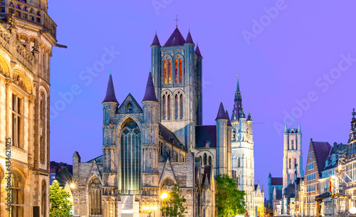 Gent cityscape with Saint Nicholas church, Belfort tower and St. Bavo Cathedral at sunset, Belgium
