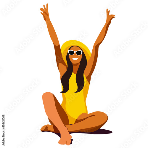 vector illustration on the theme of summer holidays. tanned girl in a yellow swimsuit with raised hands rejoices in the summer isolated on 

white background. useful for advertising summer vacations.
