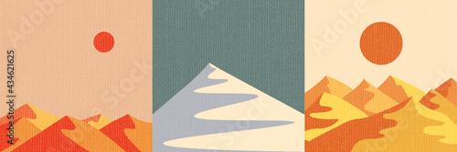 Vector illustration. Minimalist background collection. Flat style landscape. Simple nature scene. Design for social media template, square banner. Desert sand hills. Artist canvas texture overlay