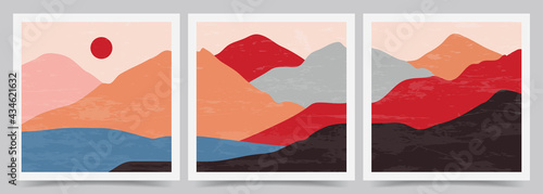 Vector illustration. Abstract contemporary aesthetic backgrounds. Landscapes set. Earth tone colors. Boho wall decor. Modern art print. Flat design for social media template, square banner. Mountains