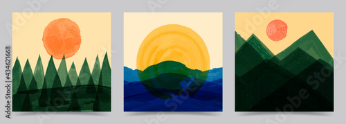 Vector illustration. Abstract contemporary aesthetic backgrounds. Design for social media template, square banner. Watercolor painting. Nature scene. Forest trees, seascape sunset, mountain peaks