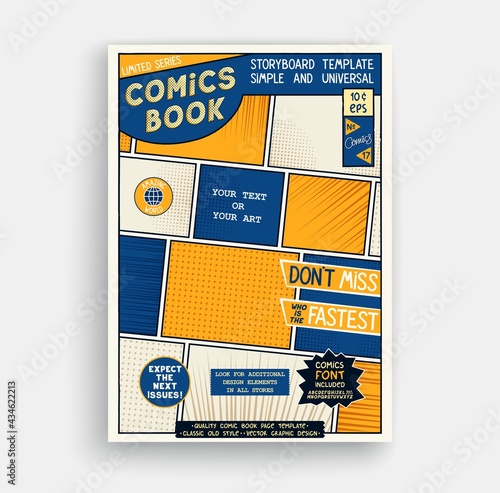 Comic book page template. Classic storyboard artwork. Comics magazine cover. Vector graphics