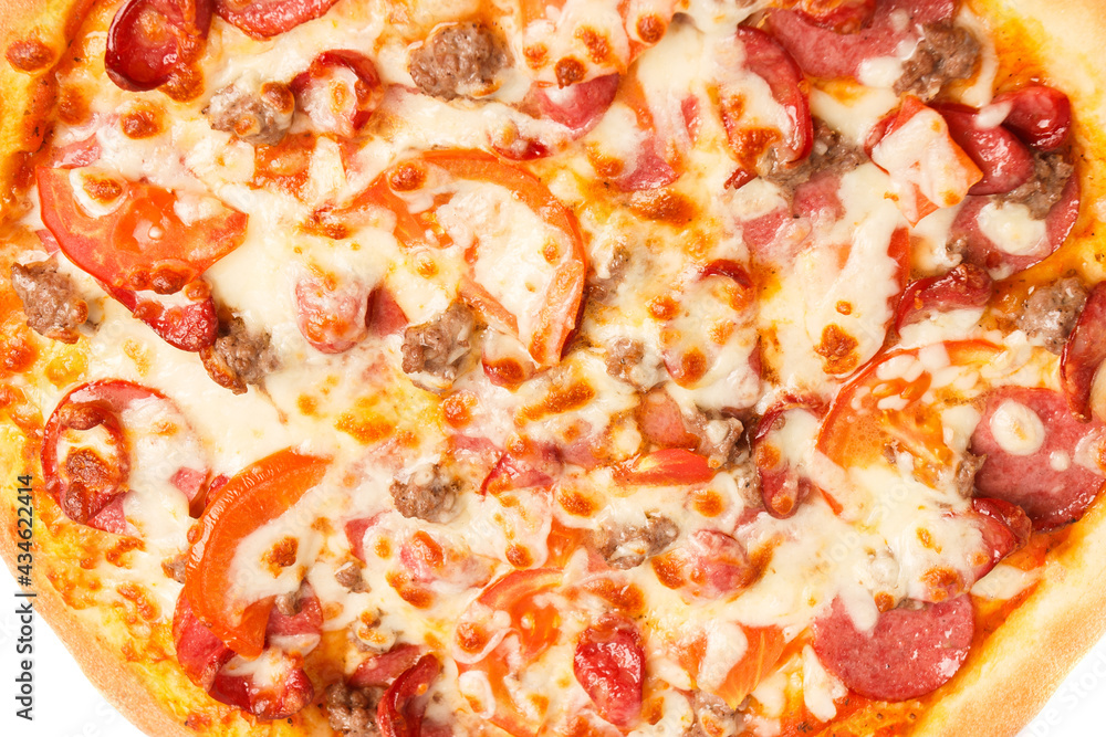 Baked pizza with cheese, tomatoes and mushrooms Baked pizza with cheese, tomatoes and mushrooms
