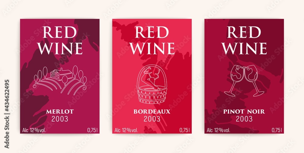 Wine label design. Three saturated red shades. Minimalistic composition of liquid splash spots. Contemporary outline art. Vector cards