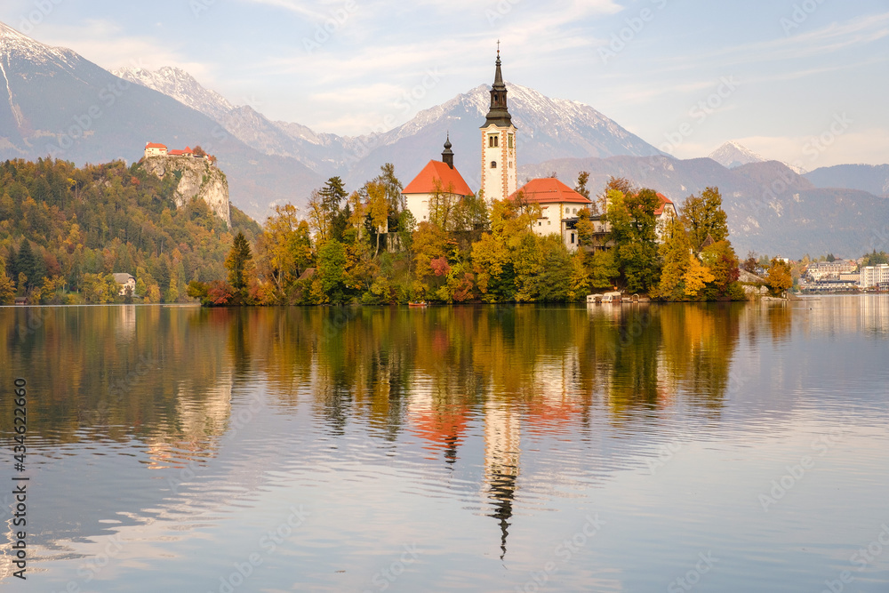 Bled lake with the church on the island in Slovenia