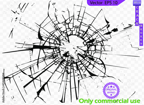 Broken glass, cracks, bullet marks on glass. Cracks vector icons. Black surface crack set with holes and broken ground texture, transparent background. Cracked wall destruction effect. Commercial use