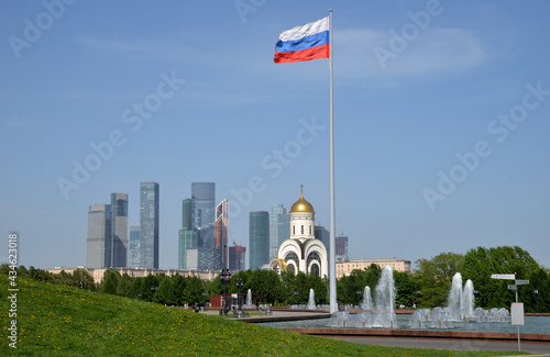 View of Moscow City and Church of St.Gergius Victorious from Poklonnaya Hill in Victory Park, Moscow, Russia
